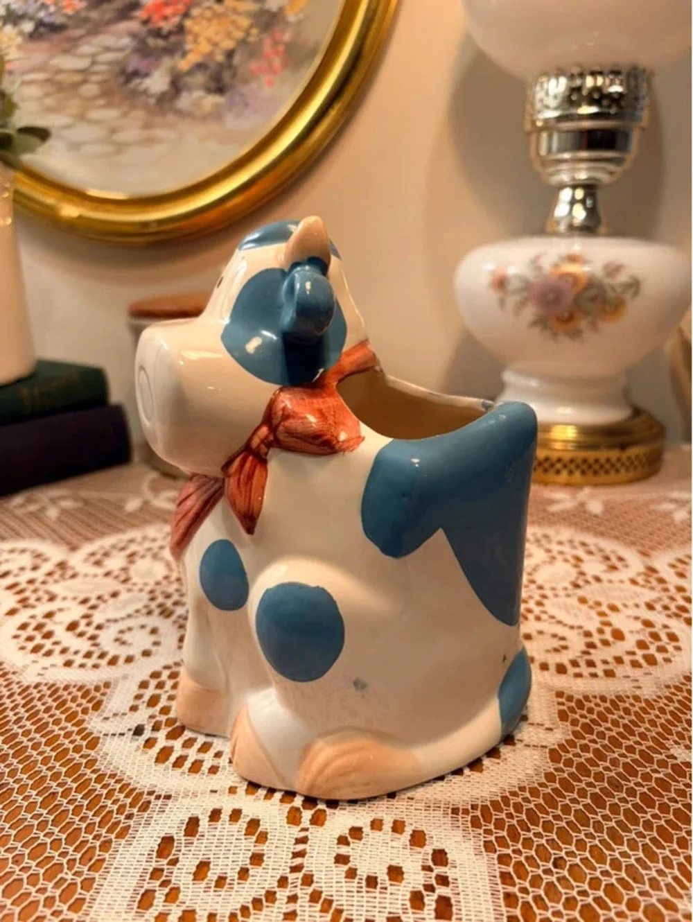 Cooks Tools Ceramic Cow Utensil Holder Blue Spotted Farmhouse Kitchen Decor
